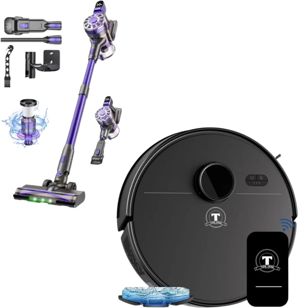 TONIHOMI® Robotstofzuiger & Steelstofzuiger Combi Set – Met Dweilfunctie – Krachtige Zuigkracht – Draadloos – Voor Harde Vloeren & Tapijt